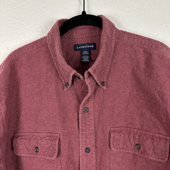 Lands End Flannel Shirt Mens XL Solid Burgundy Chamois Cloth Brushed Outdoor - Picture 3 of 11